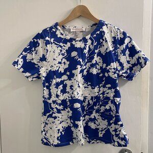 Happily Scrubbed printed blue and white scrub top